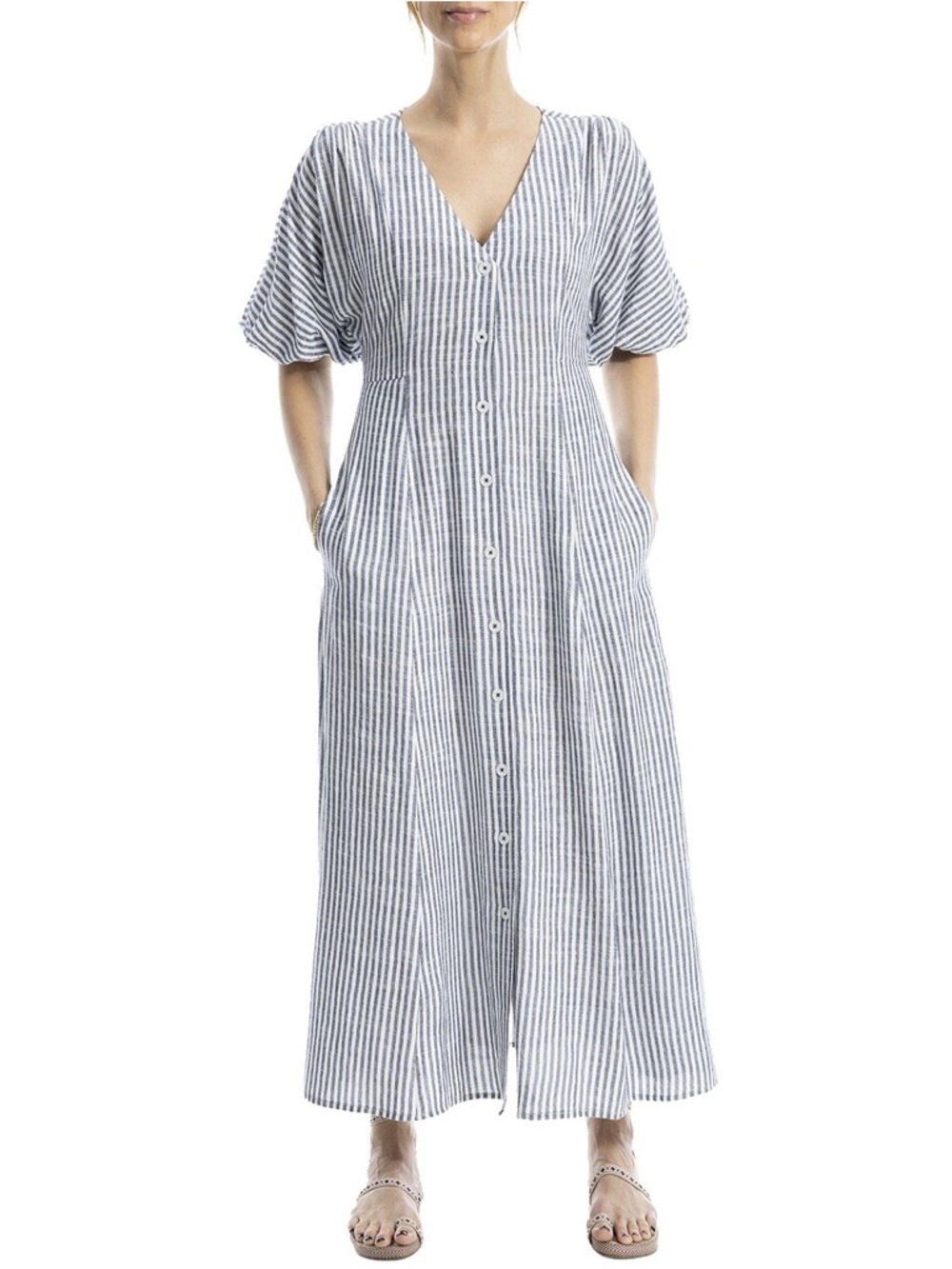 Fit and flare Max Studio LondonStriped Button-Front Maxi Dress with puff sleeves